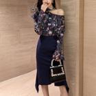 Floral Long-sleeve Top / Sheath Midi Skirt