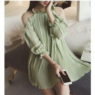 Plain Cut Out Shoulder Pleated Elbow Sleeve Chiffon Dress