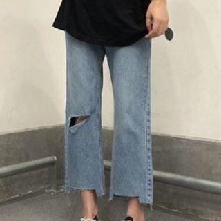 High-waist Wide-cuff Ripped Furry-trim Cropped Jeans