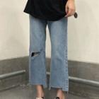 High-waist Wide-cuff Ripped Furry-trim Cropped Jeans