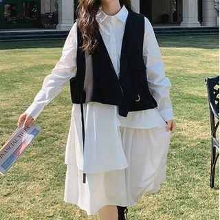 Set: Long-sleeve Henley Midi Shirtdress + Asymmetrical Vest