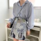 Lantern-sleeve Shirt / Print Mini A-line Skirt