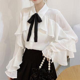 Ruffled Chiffon Shirt White Blouse & Tie - One Size