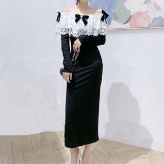 Long-sleeve Lace Trim Bodycon Dress