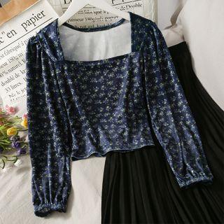 Square-neck Puff-sleeve Floral Crop Top Blue - One Size