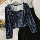 Square-neck Puff-sleeve Floral Crop Top Blue - One Size