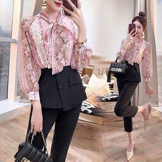 Set: Snakeskin Print Panel Blouse + Cropped Pants