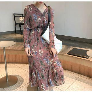 Long-sleeve Floral Print Midi Crinkle Dress