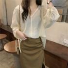 Long-sleeve V-neck Blouse / Ruched Slit Midi Pencil Skirt