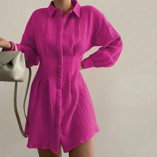 Pleated Long-sleeve Mini Shirtdress
