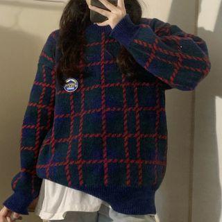 Plaid Sweater Dark Blue - One Size