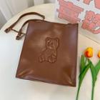 Bear Embroidered Faux Leather Clutch Chocolate - One Size