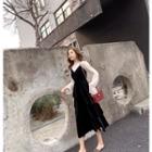 Set: Bell-sleeve Dotted Top + Spaghetti Strap Midi Layered Dress