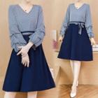 Gingham Panel Long-sleeve Midi A-line Dress
