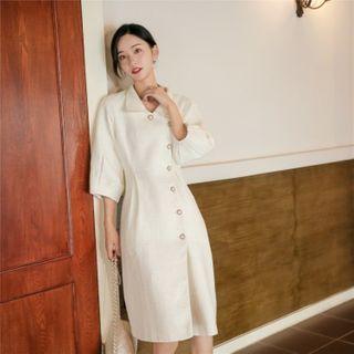 3/4-sleeve Button Midi A-line Dress