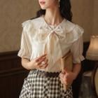 Puff-sleeve Blouse / Gingham Midi A-line Skirt / Set