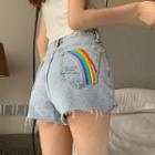 Rainbow Print Ripped Denim Shorts