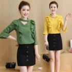 Elbow-sleeve Ruffle Trim Blouse + Fitted Skirt