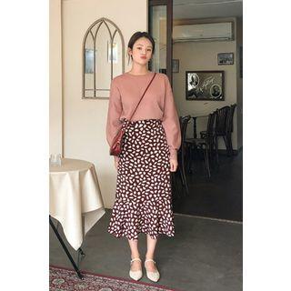 Crewneck Bishop-sleeve Sweater Pink - One Size