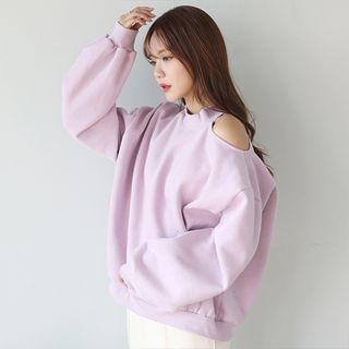 Cutout-shoulder Fleece-lined Oversized Pullover