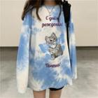 Long-sleeve Cat Print Tie-dyed T-shirt As Shown In Figure - One Size