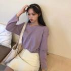 Long-sleeve Plain Tee Light Purple - One Size