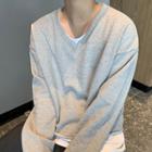 Frayed V-neck Long-sleeve Plain T-shirt