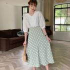 Puff-sleeve Blouse / Dotted Midi A-line Skirt