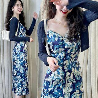 Spaghetti Strap V-neck Floral Print A-line Dress / Plain Cropped Cardigan / Set
