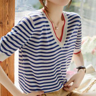 Short-sleeve V-neck Striped Knit Top Stripes - Blue & White - One Size