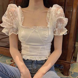 Puff-sleeve Square-neck Mesh Panel Cropped Blouse