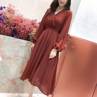 Puff-sleeve V-neck Smocked Midi A-line Dress