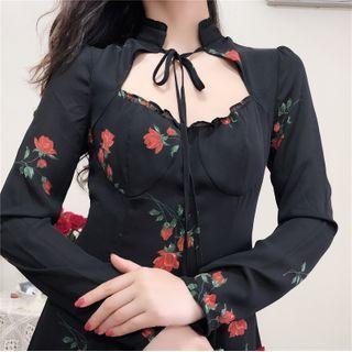Rose Printed Cutout Long-sleeve Dress