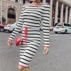 Drawstring Waist Striped Knit Dress Stripes - Black & White - One Size