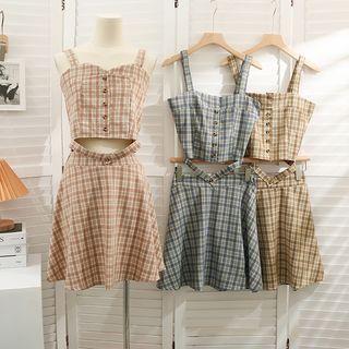 Set: Plaid Button-up Crop Top + Mini Skirt