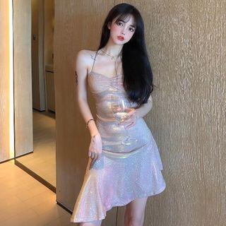 Halter-neck Asymmetrical Glitter Bodycon Dress
