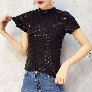 Sequined Mock Neck Short Sleeve T-shirt
