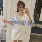 Set: Plaid Off Shoulder Elbow Sleeve Top + Suspender Skirt