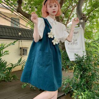 Short-sleeve Plain Shirt / Single-strap Mini Overall Dress