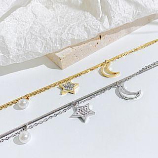 Moon & Star Rhinestone Faux Pearl Layered Stainless Steel Bracelet