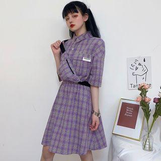 Set: Plaid Elastic-waist Short-sleeve Dress + Plaid Sling Bag