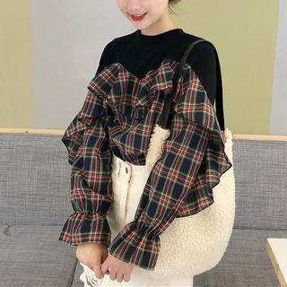 Frill Trim Plaid Mock Two-piece Long-sleeve Top