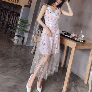 Spaghetti Strap Sequined Mesh Layover Midi Dress