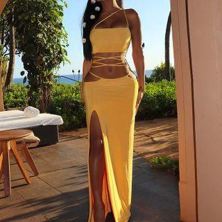Set: One-shoulder Strappy Cropped Camisole Top + Lace Up Maxi Pencil Skirt
