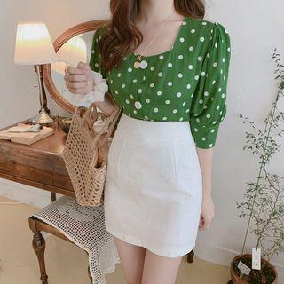 3/4-sleeve Polka Dot Ribbon Buttoned Top