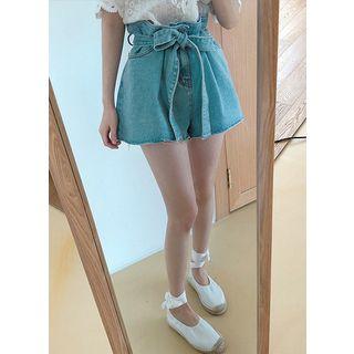 Paperbag-waist Wide Denim Shorts Light Blue - One Size