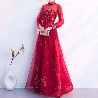Long-sleeve Floral A-line Evening Gown