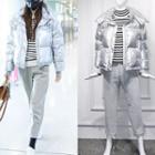 Long-sleeve Striped Top / Padded Coat / Straight-cut Pants