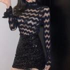 Long-sleeve Mock-neck Wave Pattern Mesh Fitted Top