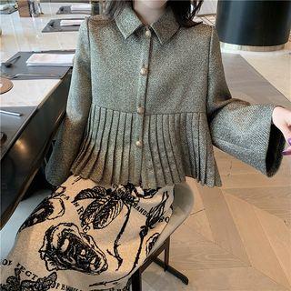 Pleated Hem Button Jacket / Flower Print Midi Knit Skirt